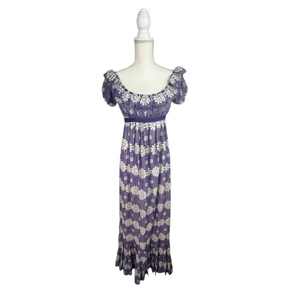Late 1960s Anne Fogarty Soft Lavender Purple & White Floral Off Shoulder Empire - Picture 1 of 3